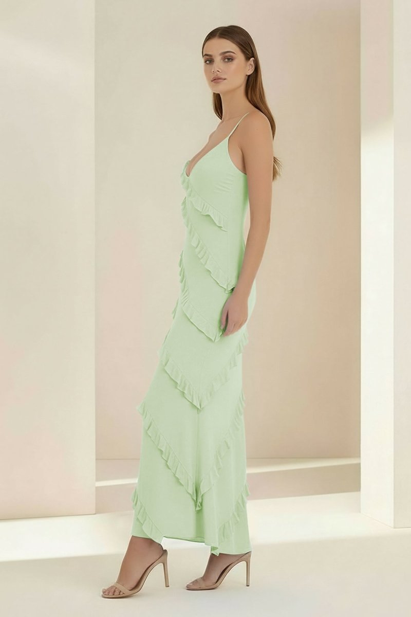 Sky Blue Halter Sheath Satin Backless Long Formal Prom Dresses With Ruffles