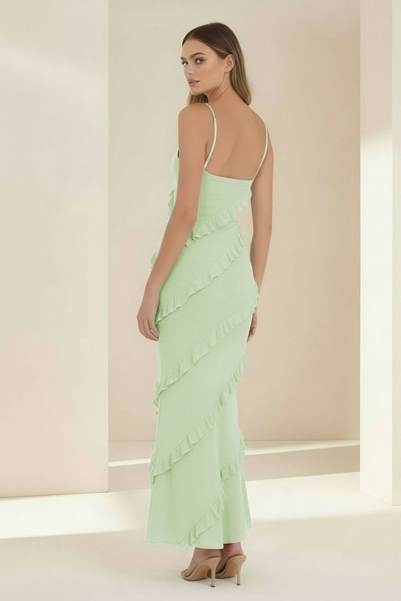 Sky Blue Halter Sheath Satin Backless Long Formal Prom Dresses With Ruffles