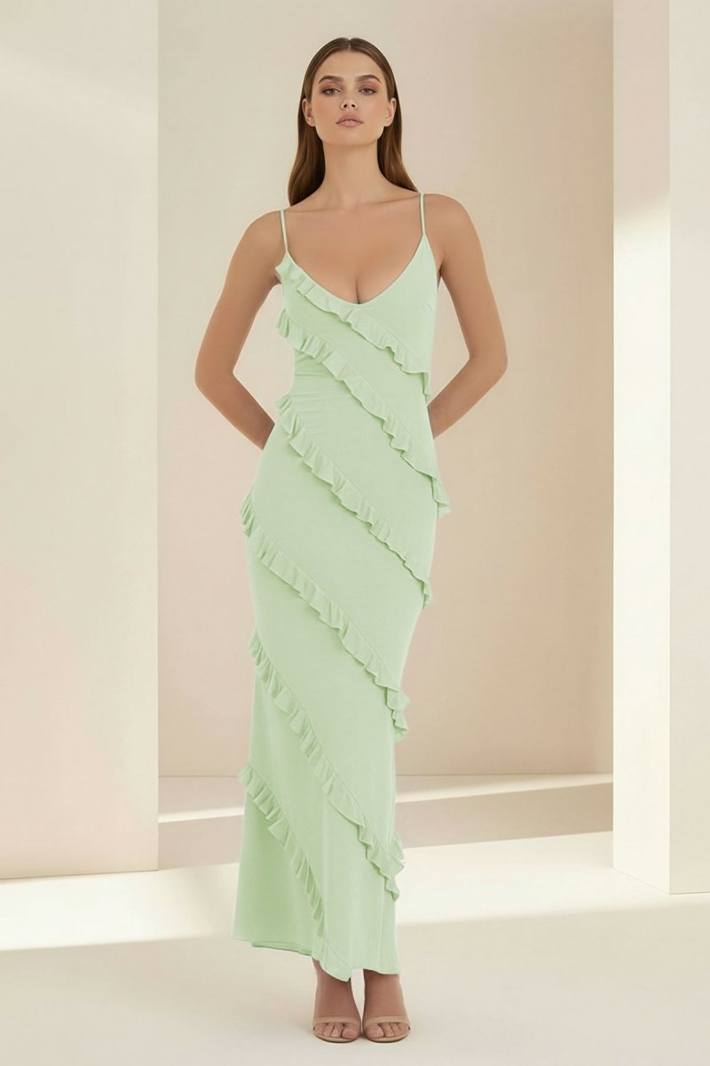 Sky Blue Halter Sheath Satin Backless Long Formal Prom Dresses With Ruffles