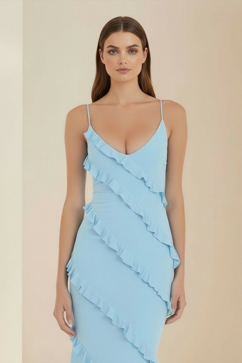 Sky Blue Halter Sheath Satin Backless Long Formal Prom Dresses With Ruffles