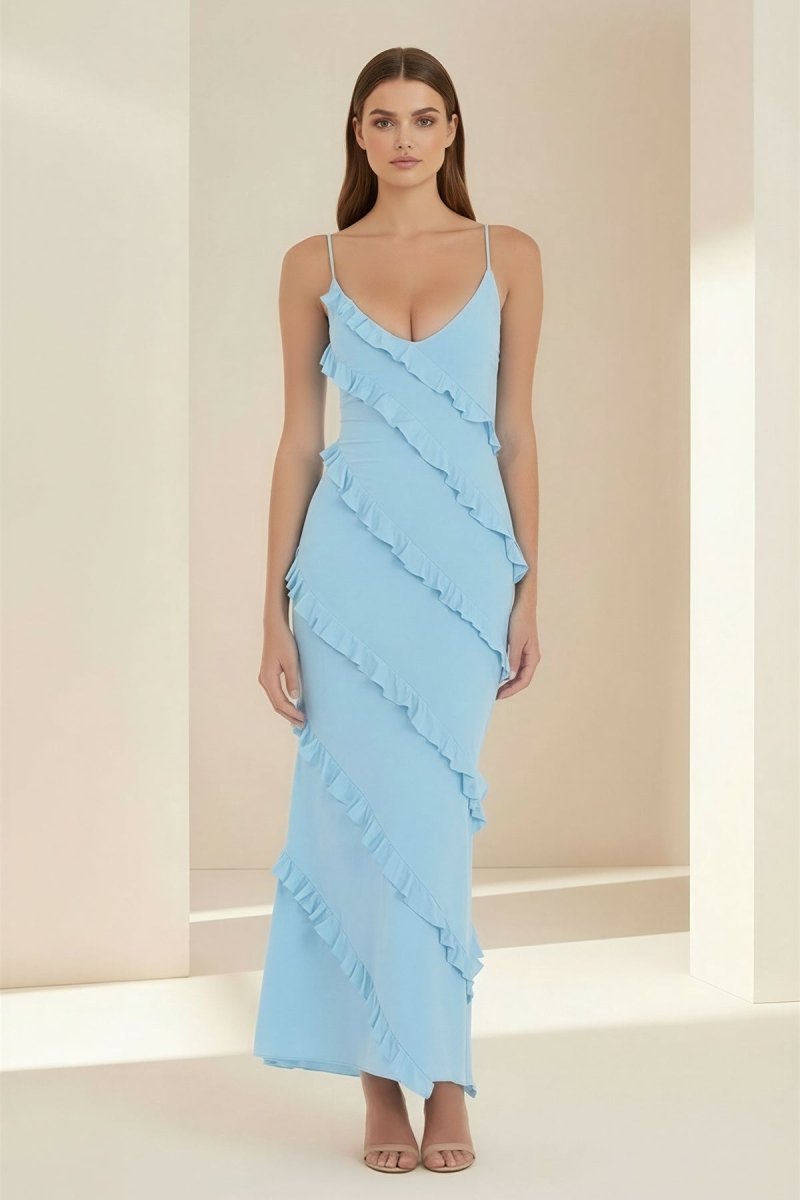 Sky Blue Halter Sheath Satin Backless Long Formal Prom Dresses With Ruffles
