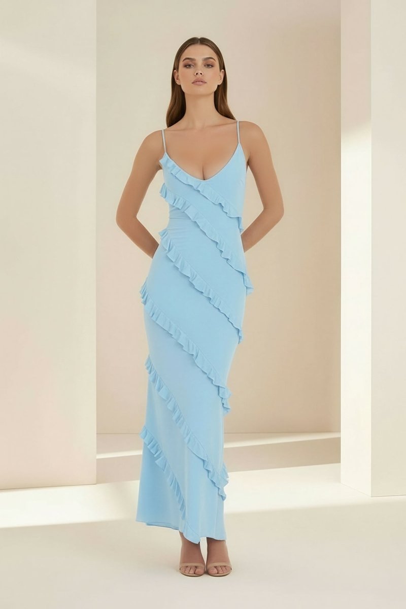 Sky Blue Halter Sheath Satin Backless Long Formal Prom Dresses With Ruffles