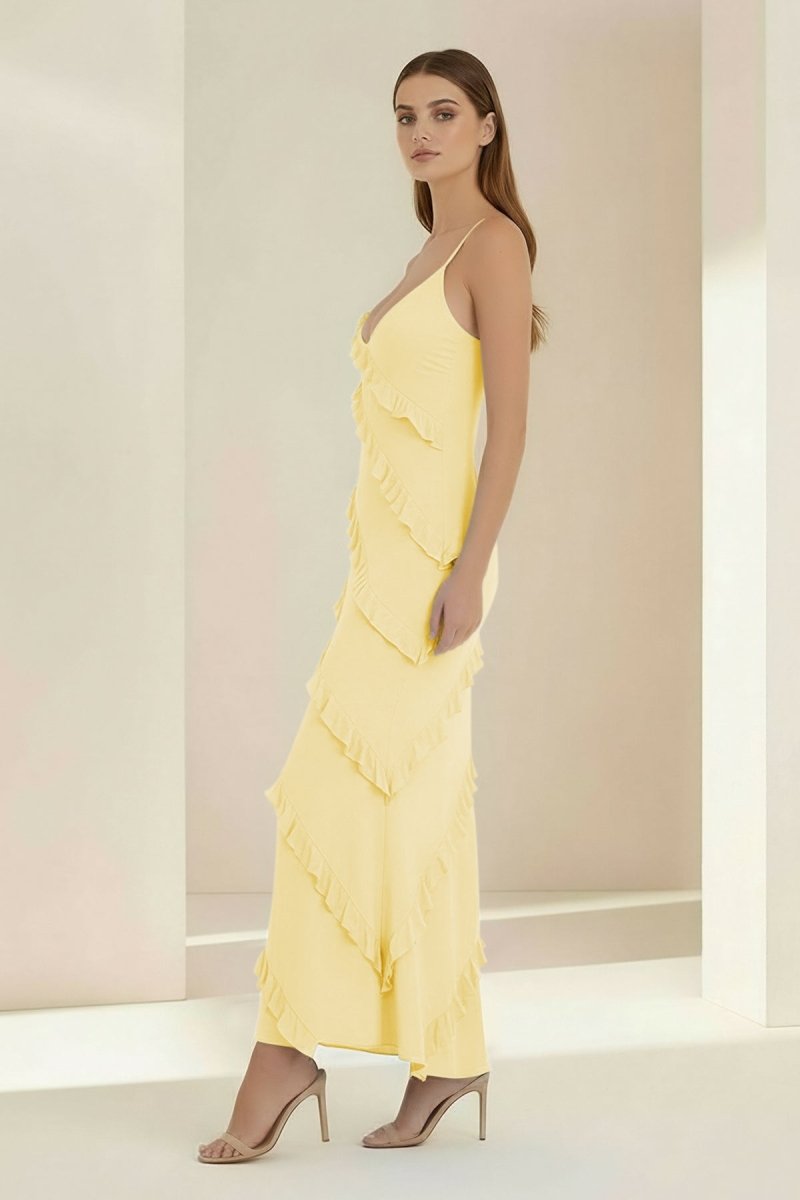 Sky Blue Halter Sheath Satin Backless Long Formal Prom Dresses With Ruffles