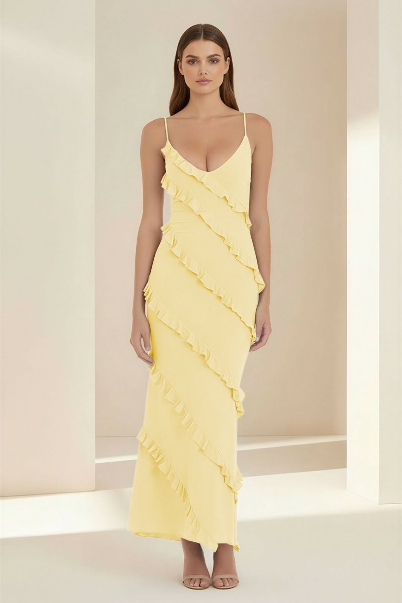 Sky Blue Halter Sheath Satin Backless Long Formal Prom Dresses With Ruffles