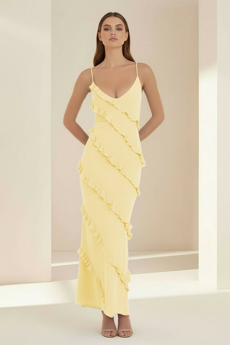 Sky Blue Halter Sheath Satin Backless Long Formal Prom Dresses With Ruffles