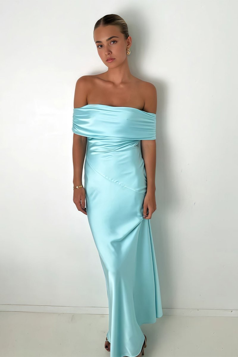 Aqua Sheath Off-the-Shoulder Satin Long Prom Dresses