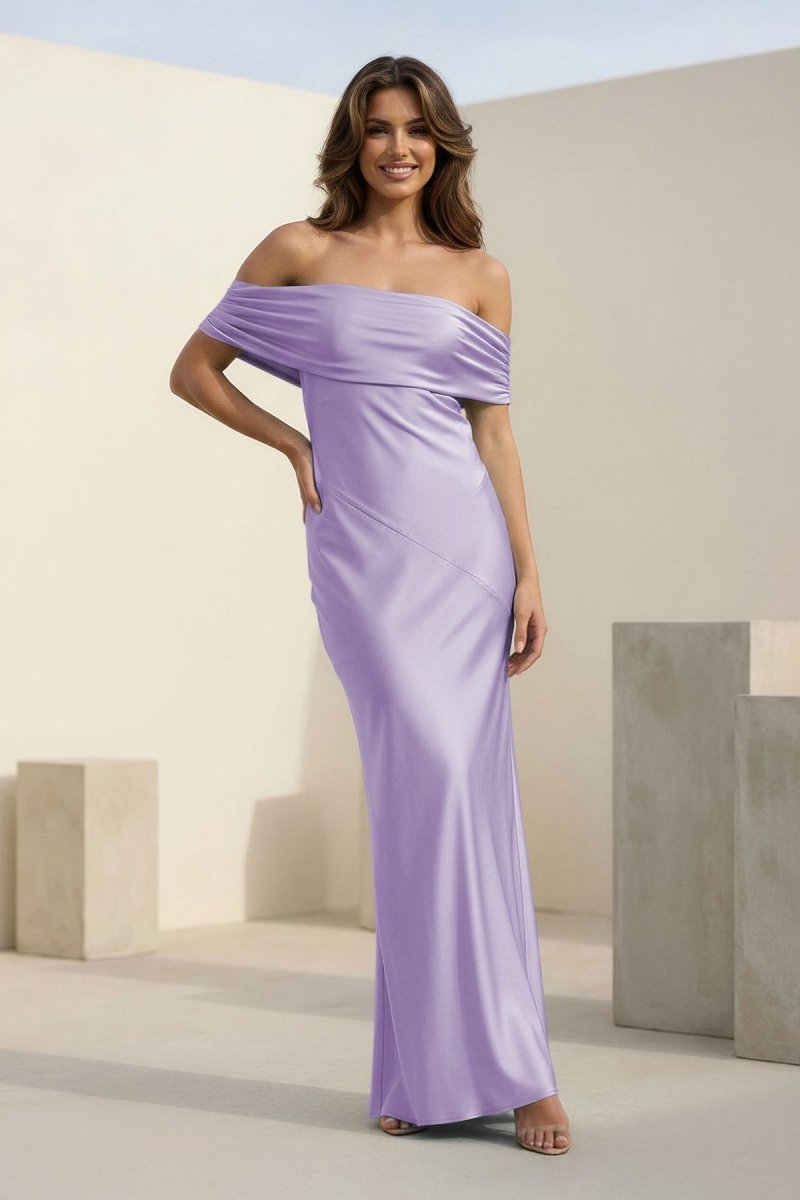 Aqua Sheath Off-the-Shoulder Satin Long Prom Dresses