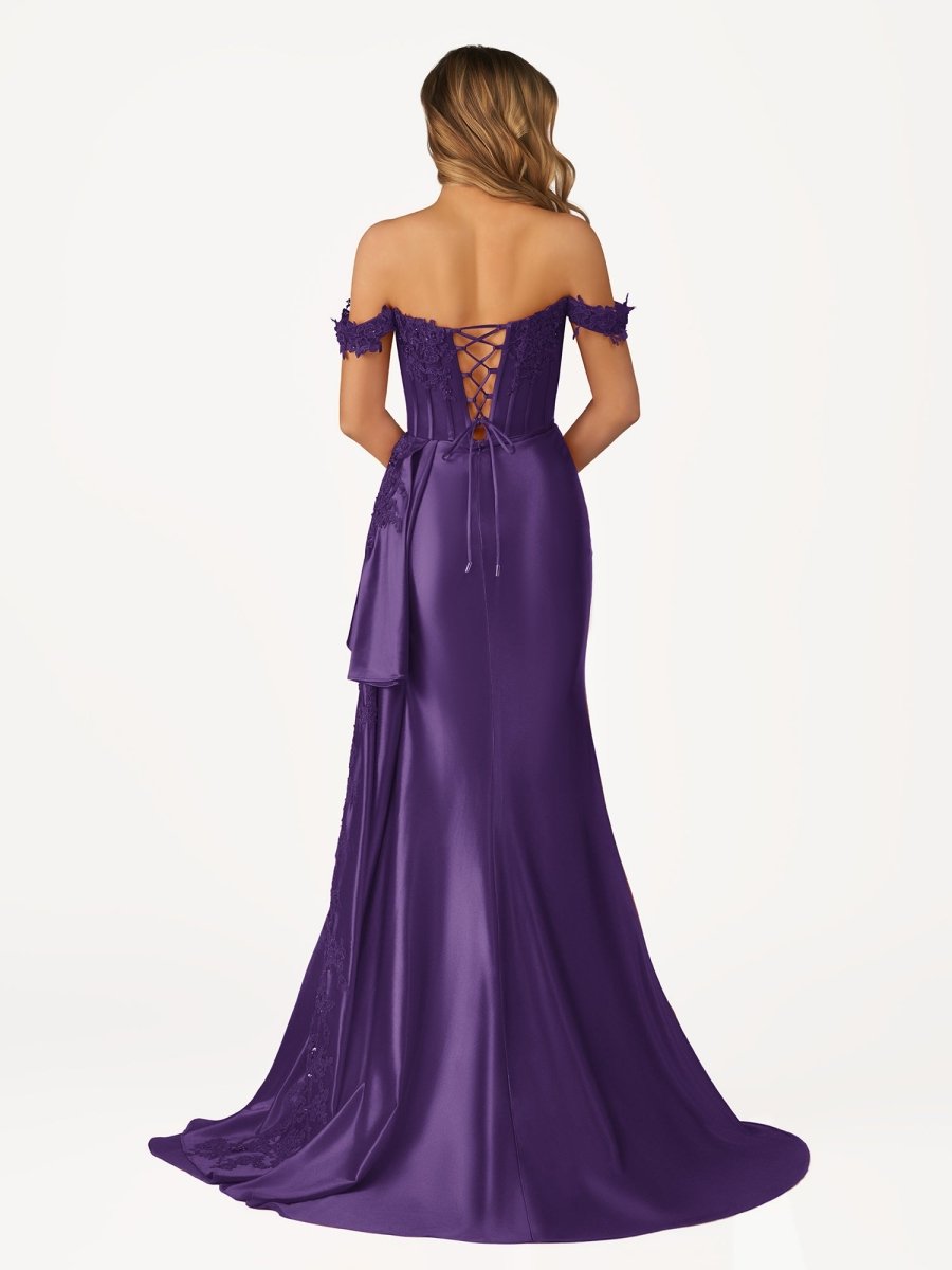 Off the Shoulder Satin Beaded Prom Dress With Appliques