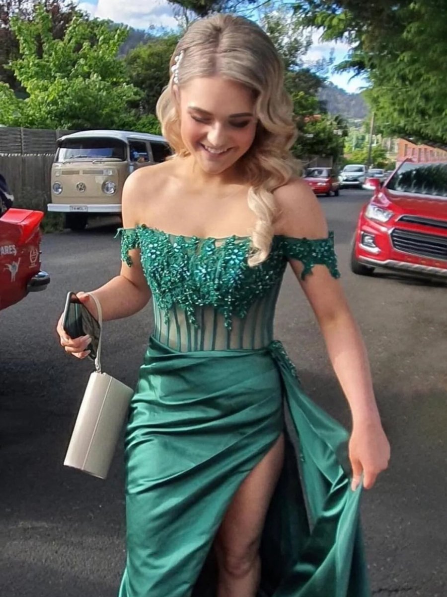 Off the Shoulder Satin Beaded Prom Dress With Appliques