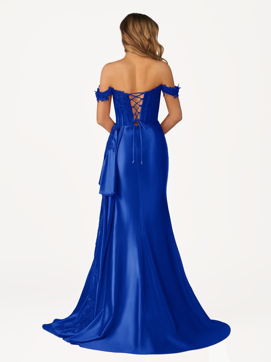 Off the Shoulder Satin Beaded Prom Dress With Appliques