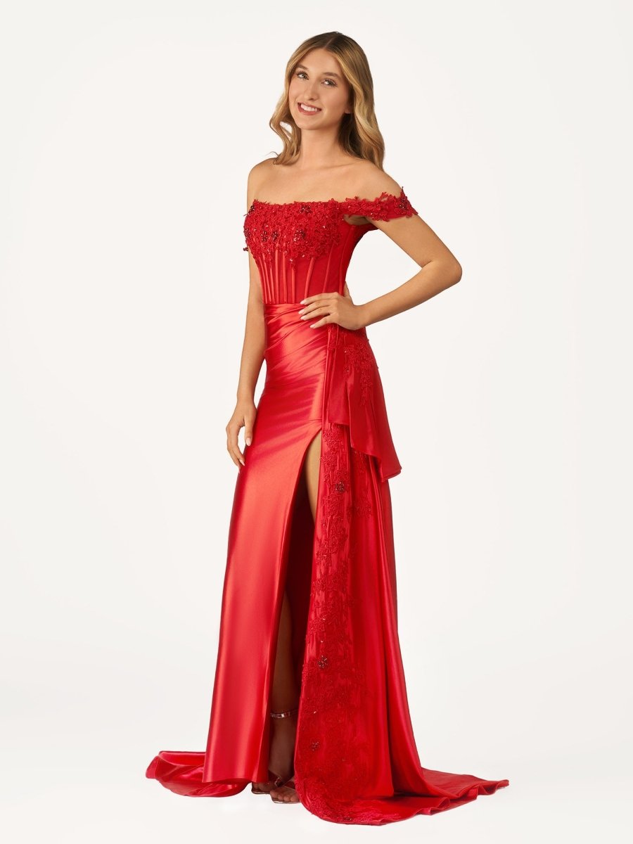 Off the Shoulder Satin Beaded Prom Dress With Appliques