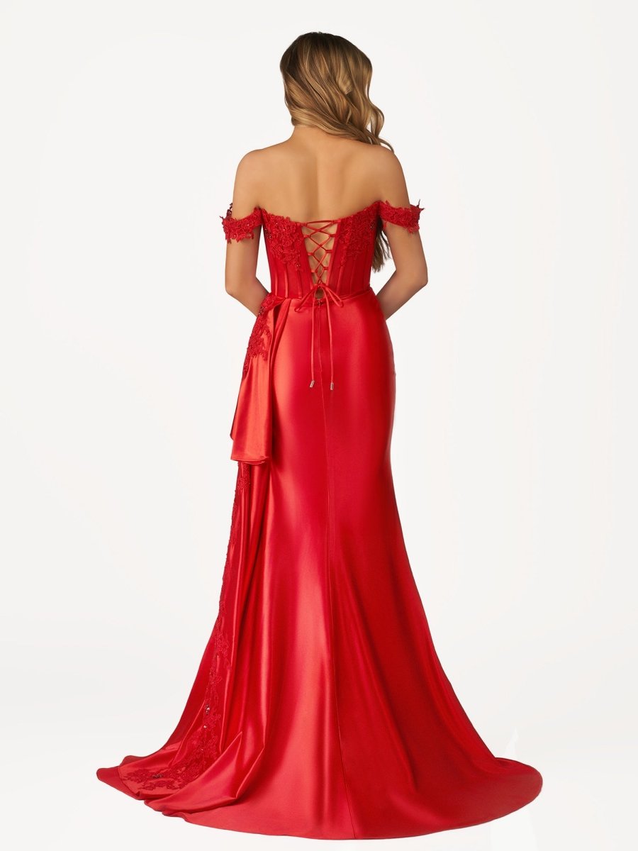 Off the Shoulder Satin Beaded Prom Dress With Appliques