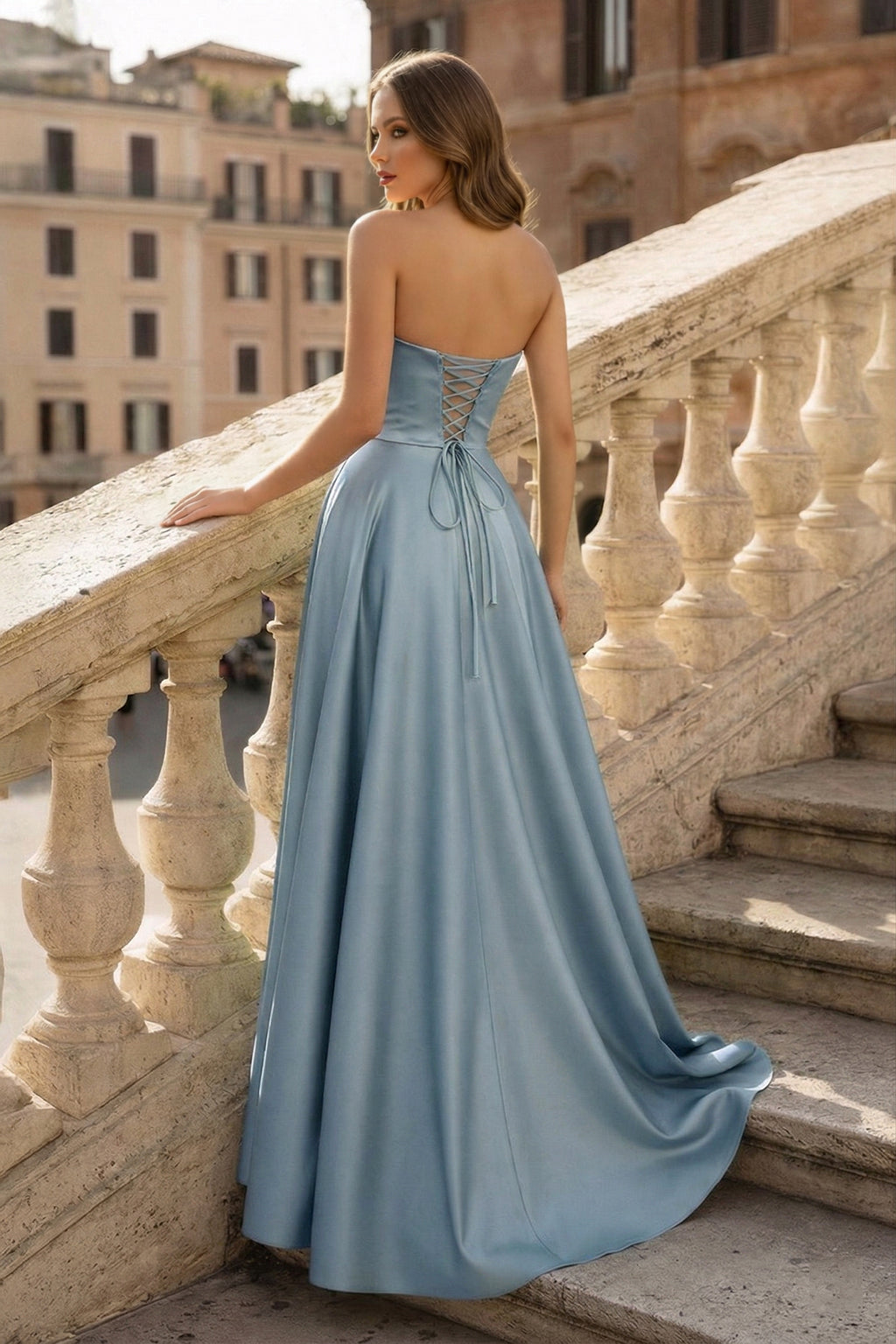 Lachlan | Satin A-Line Scoop Empire-Waist Pleated Satin High Slit Formal Prom Dress
