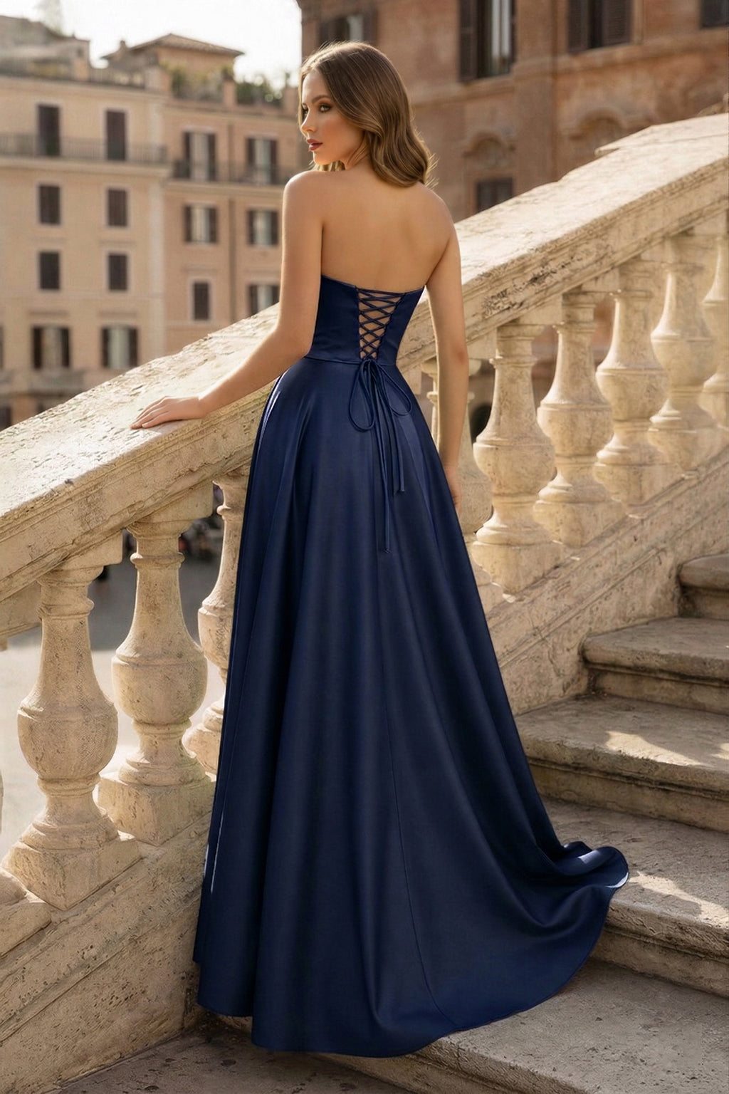 Lachlan | Satin A-Line Scoop Empire-Waist Pleated Satin High Slit Formal Prom Dress