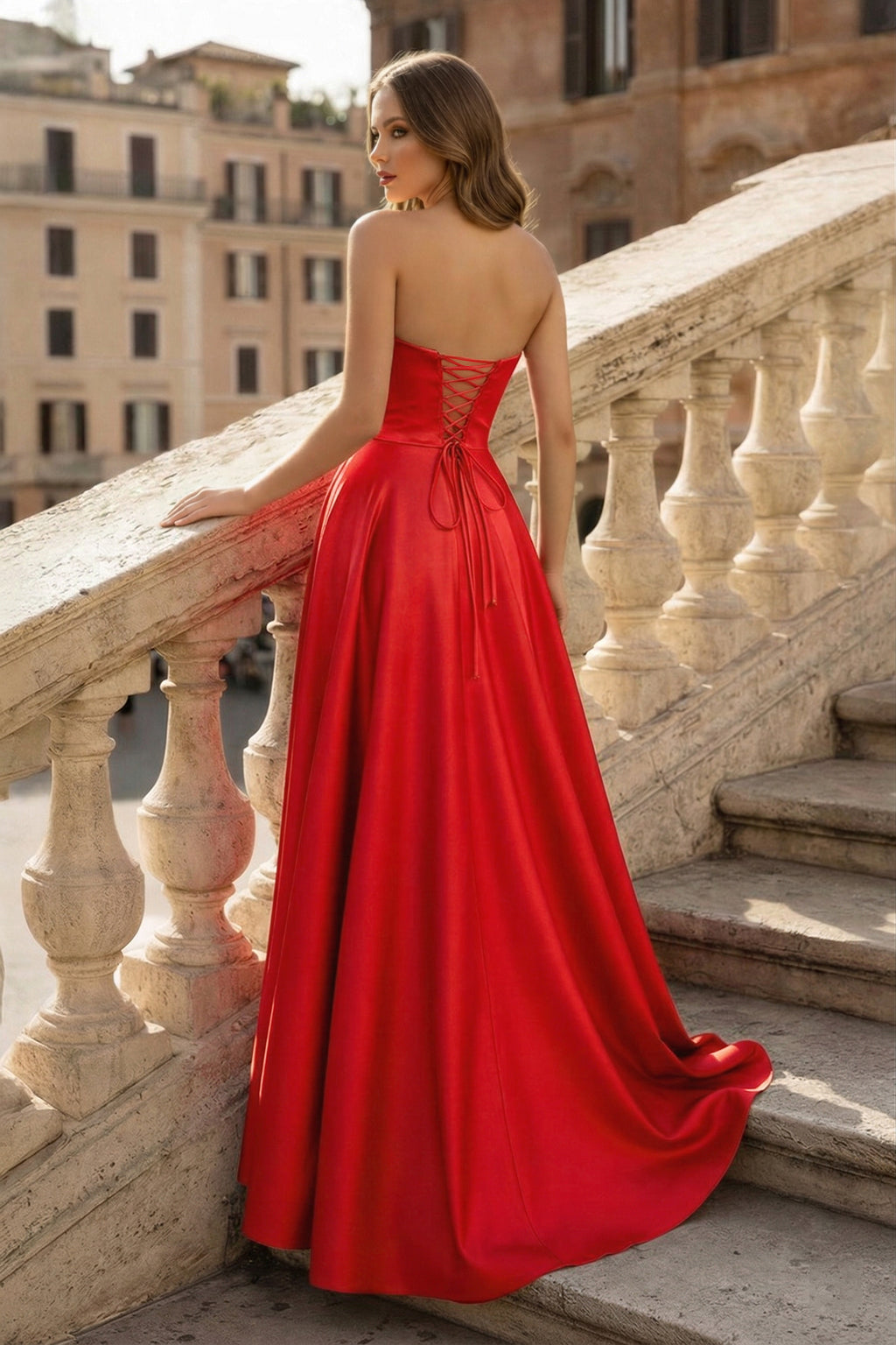 Lachlan | Satin A-Line Scoop Empire-Waist Pleated Satin High Slit Formal Prom Dress