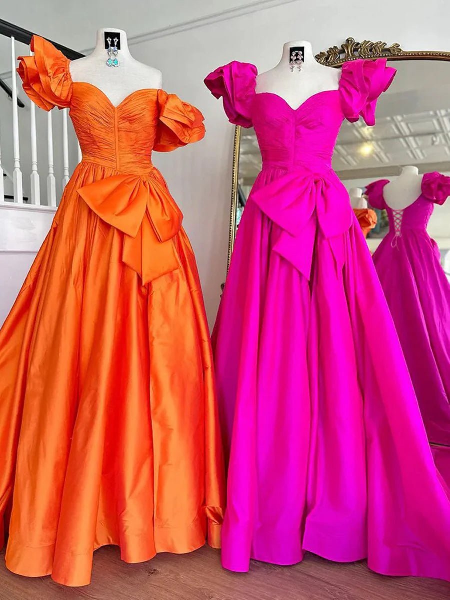 Orange Sweetheart Pleated A-Line Prom Dress With Bow