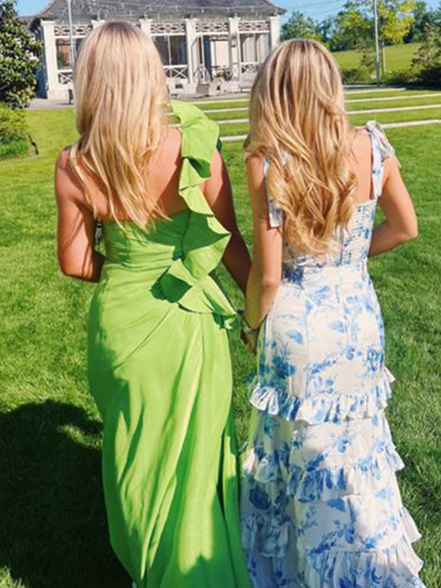 Blue Spaghetti Straps A Line Long Floral Prom Dress