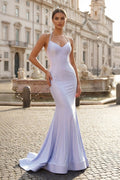 Light Lilac Halter Satin Mermaid Long Prom Dresses with Beading