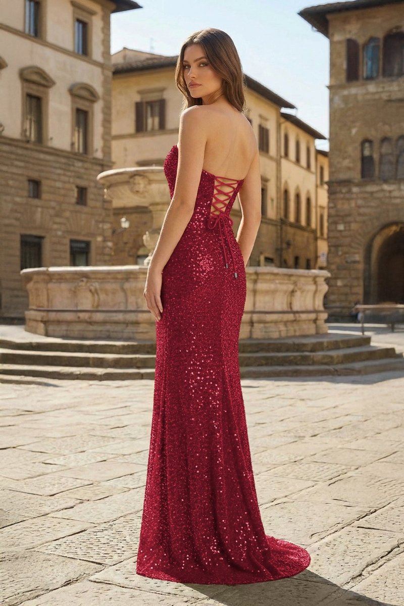Red Strapless Mermaid Sequins Pleated Formal Prom Dresses With Slit