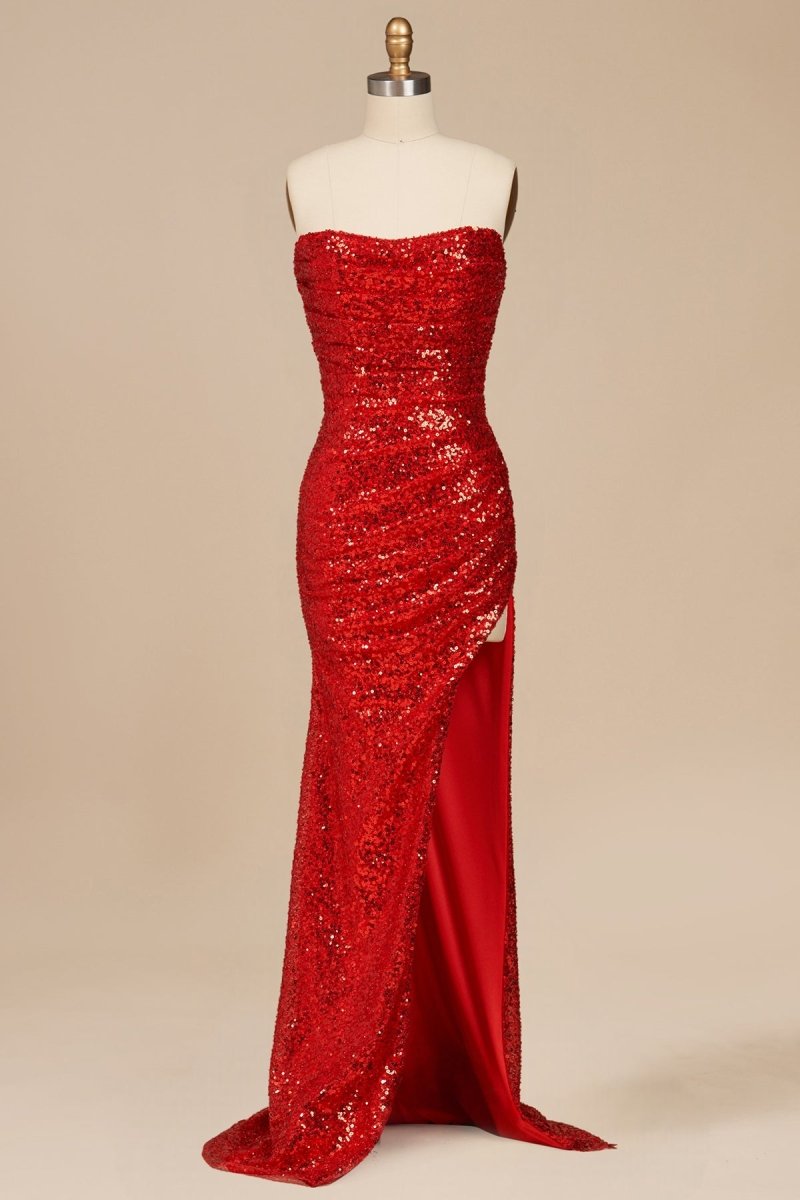 Red Strapless Mermaid Sequins Pleated Formal Prom Dresses With Slit