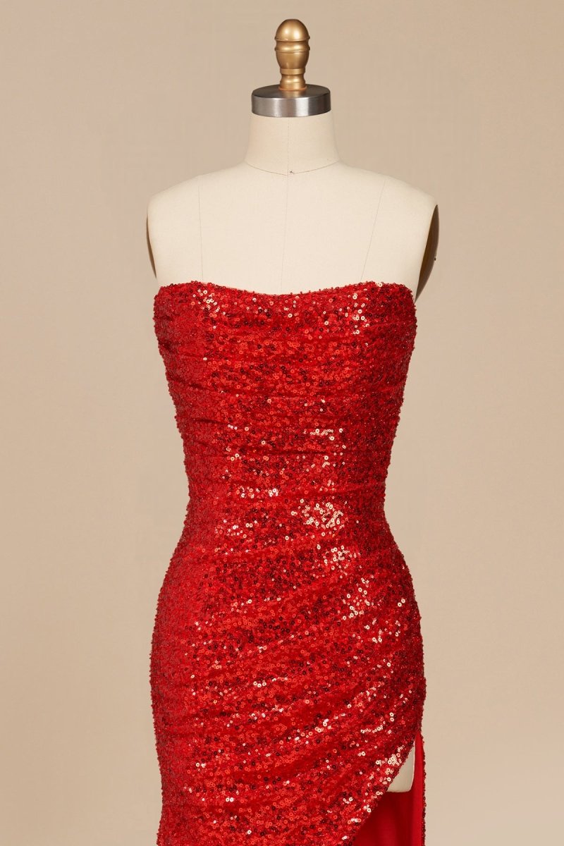 Red Strapless Mermaid Sequins Pleated Formal Prom Dresses With Slit