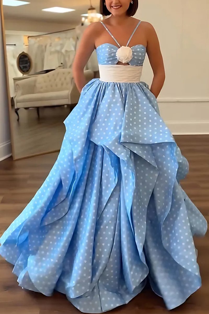 Blue - Halter Satin A Line Dot Prom Dresses With Flower