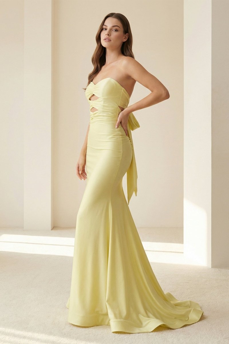 Yellow Sweetheart Mermaid Satin Formal Prom Dresses With Cutout