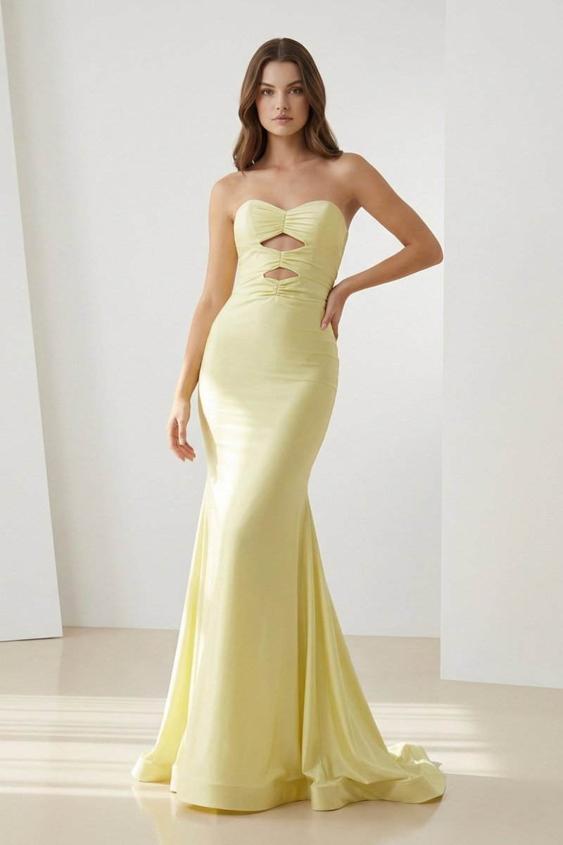 Yellow Sweetheart Mermaid Satin Formal Prom Dresses With Cutout