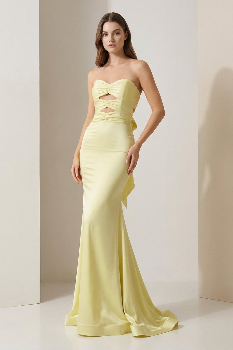 Yellow Sweetheart Mermaid Satin Formal Prom Dresses With Cutout
