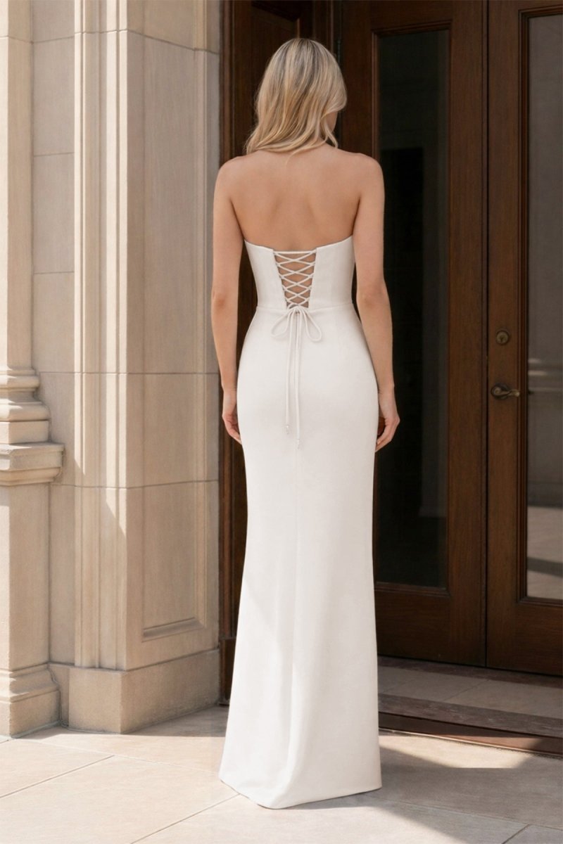 Yellow Strapless Sheath Satin Long Formal Prom Dresses With Bow