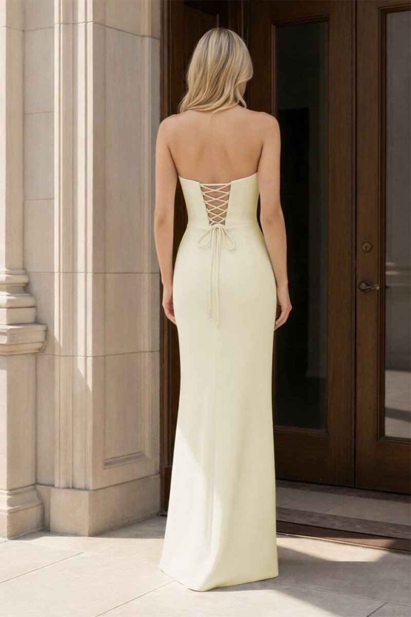 Yellow Strapless Sheath Satin Long Formal Prom Dresses With Bow