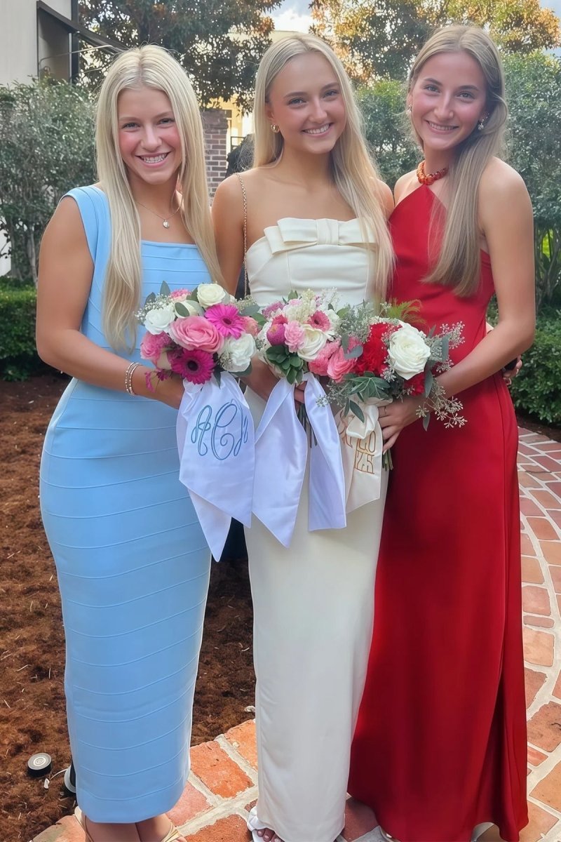 Yellow Strapless Sheath Satin Long Formal Prom Dresses With Bow