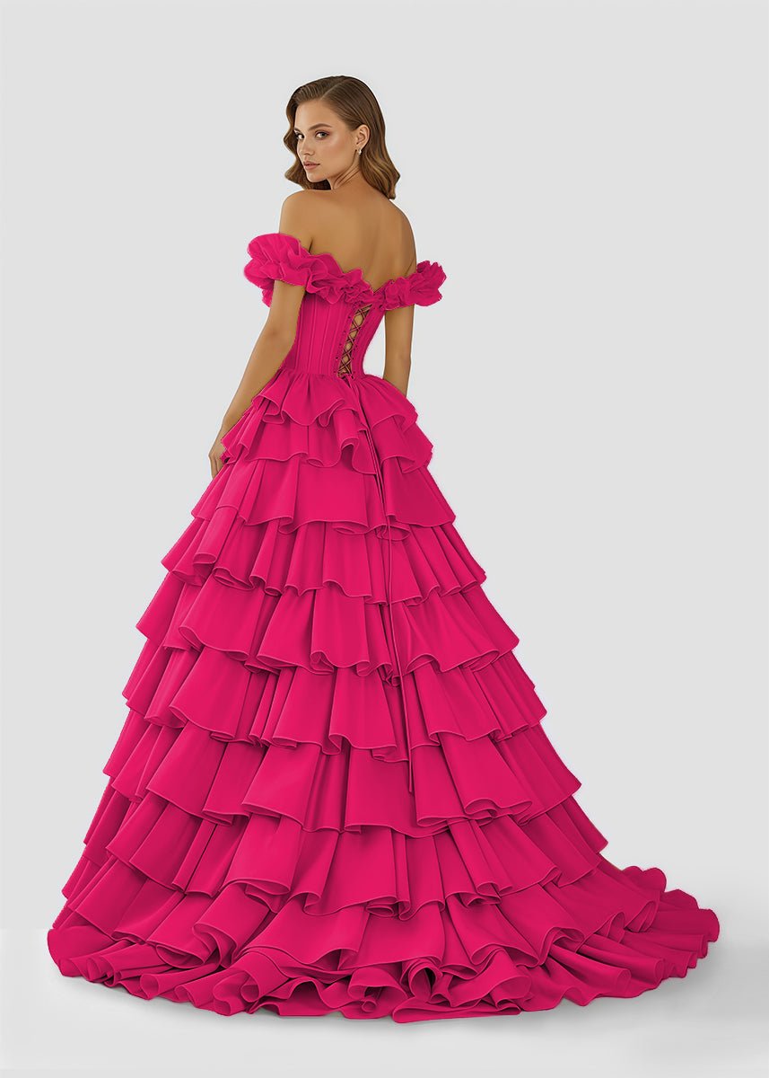Off-Shoulder Ruched A-Line Layered Satin Prom Dress with Slit