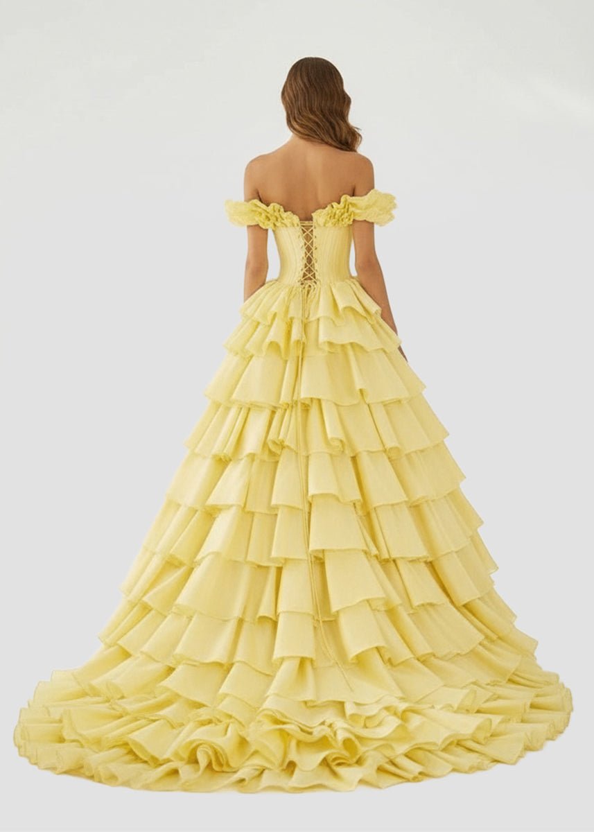 Off-Shoulder Ruched A-Line Layered Satin Prom Dress with Slit
