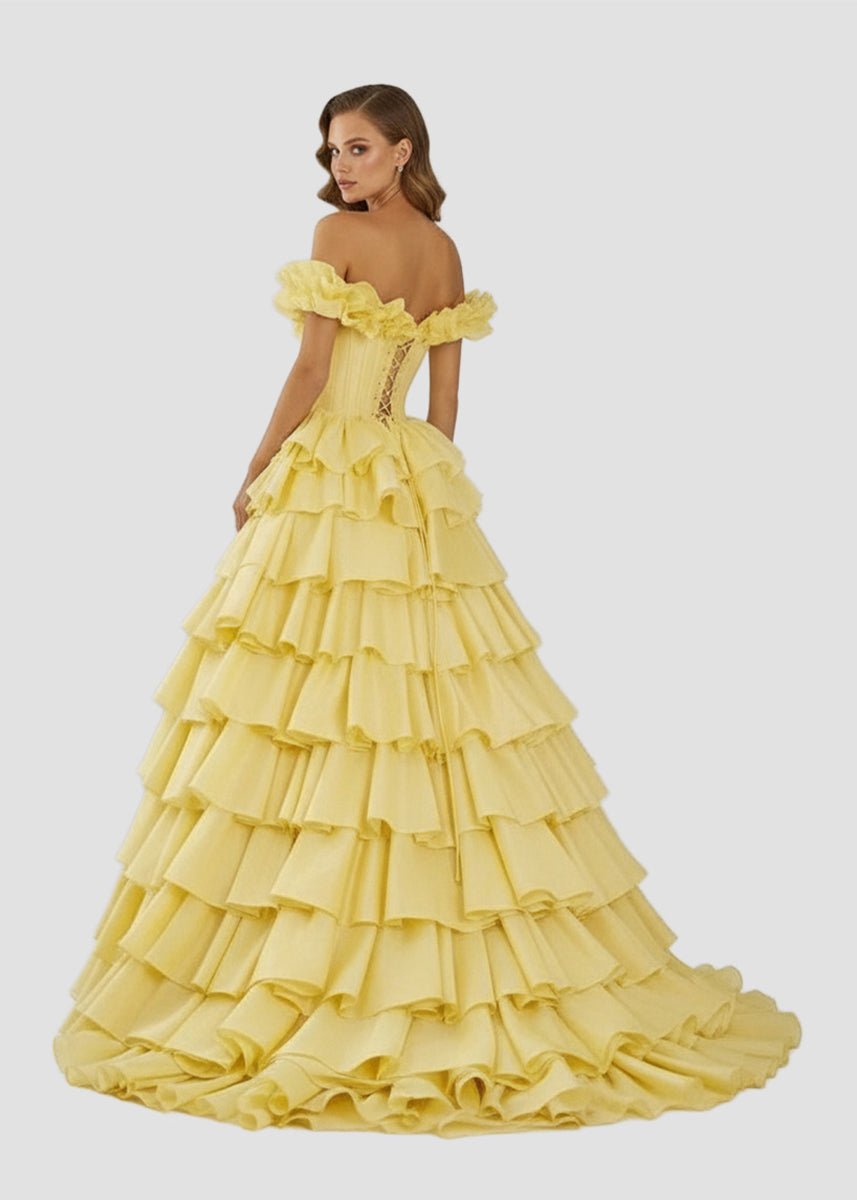 Off-Shoulder Ruched A-Line Layered Satin Prom Dress with Slit