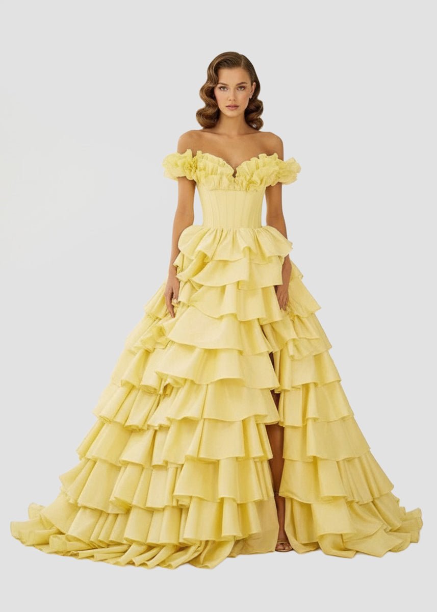 Off-Shoulder Ruched A-Line Layered Satin Prom Dress with Slit