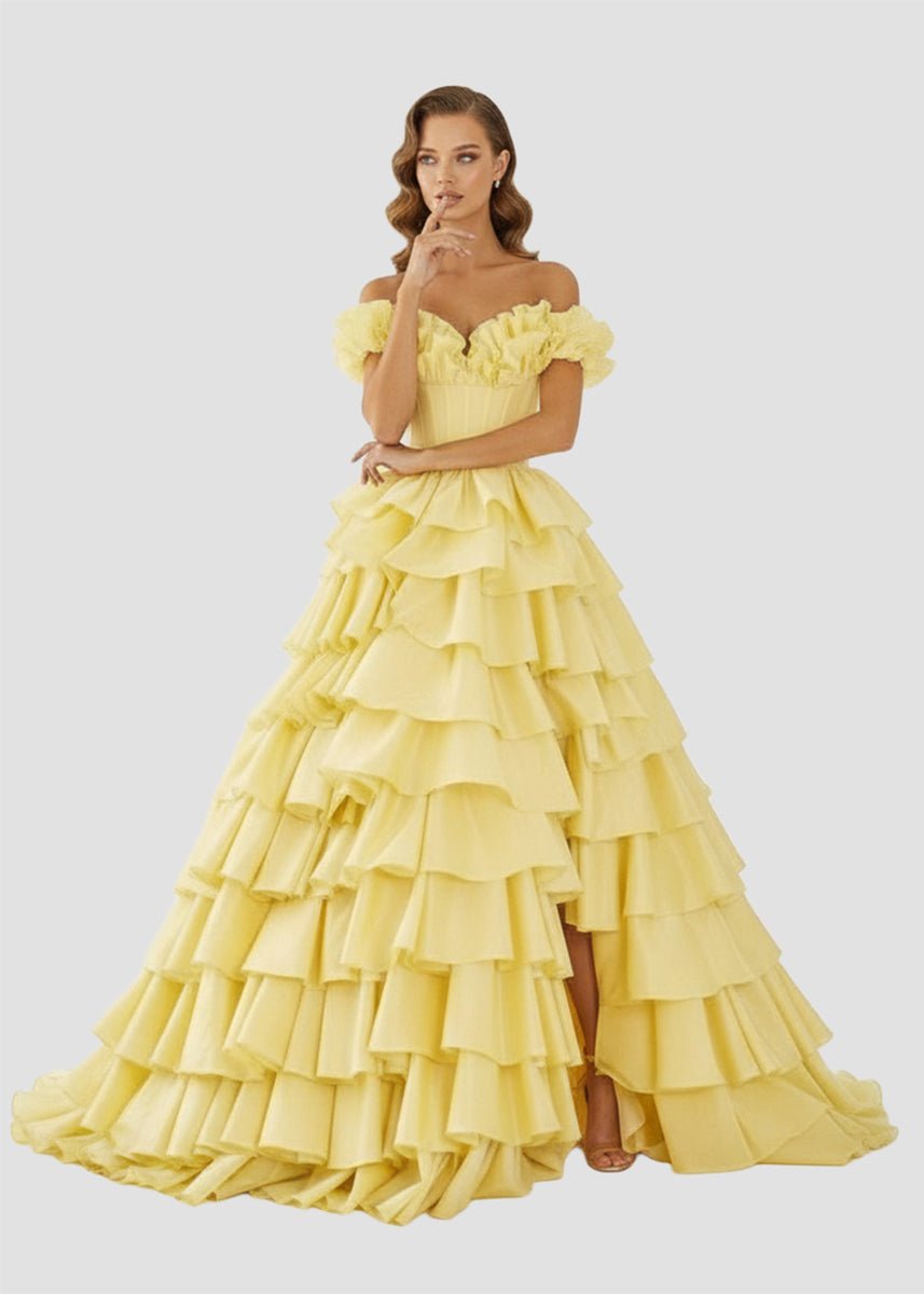 Off-Shoulder Ruched A-Line Layered Satin Prom Dress with Slit