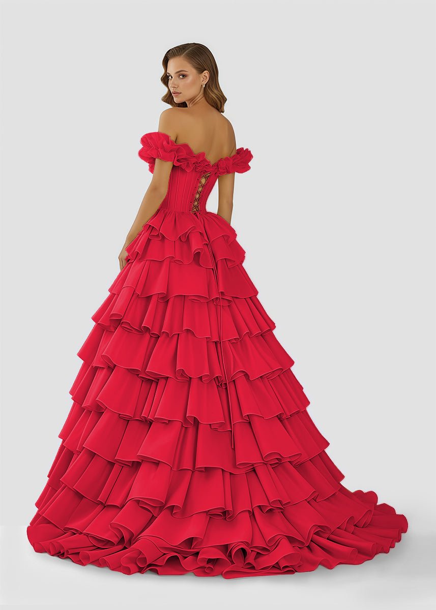 Off-Shoulder Ruched A-Line Layered Satin Prom Dress with Slit