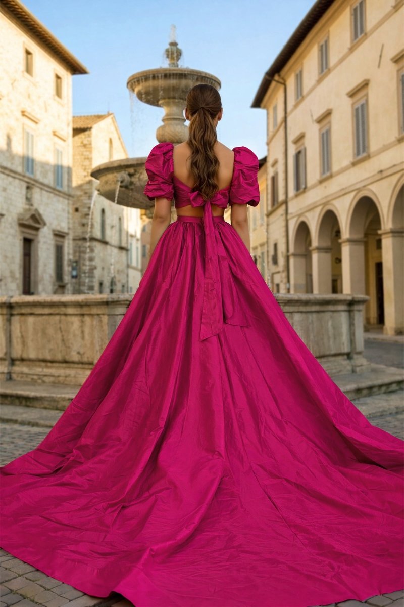 Green Two-Piece Puff Sleeves Long Prom Dress With Split