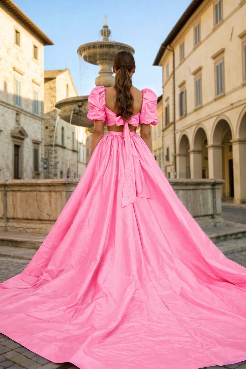 Green Two-Piece Puff Sleeves Long Prom Dress With Split