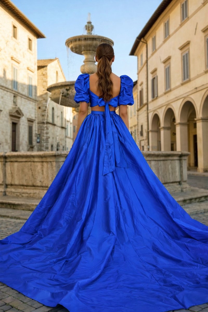 Green Two-Piece Puff Sleeves Long Prom Dress With Split