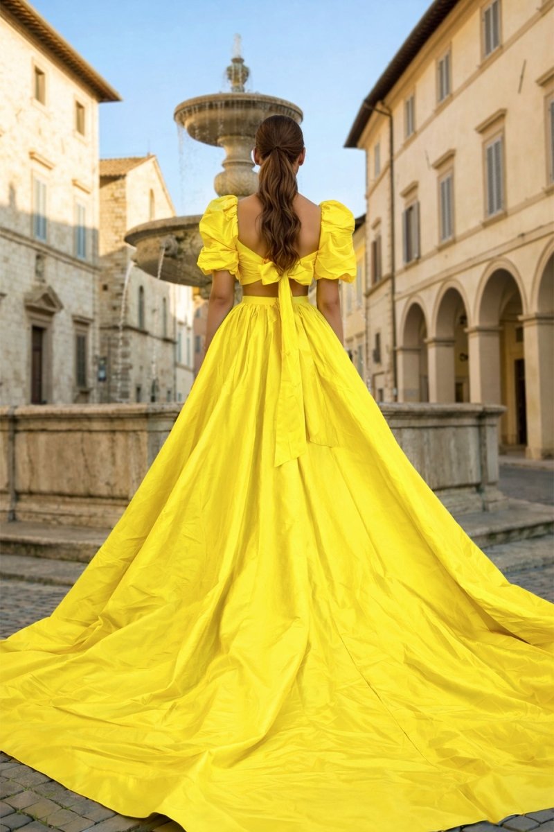 Green Two-Piece Puff Sleeves Long Prom Dress With Split