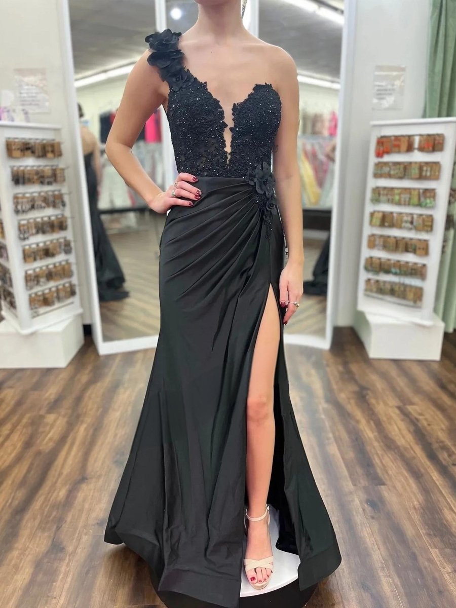 Red One-Shoulder 3D Floral Lace Pleated Long Gown with Slit