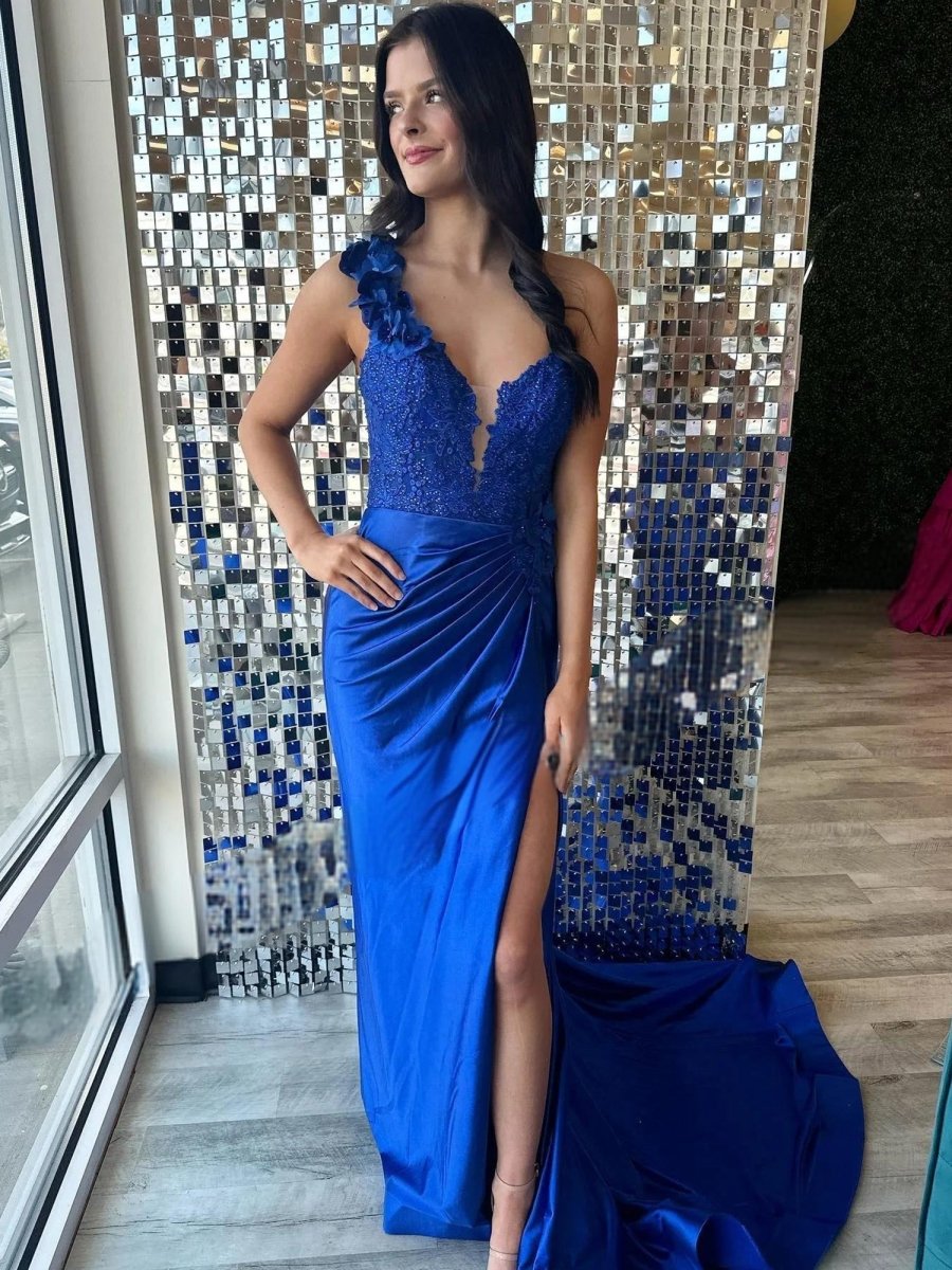 Red One-Shoulder 3D Floral Lace Pleated Long Gown with Slit