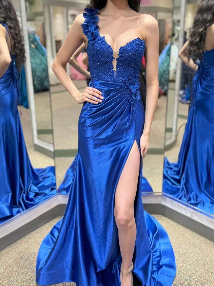 Red One-Shoulder 3D Floral Lace Pleated Long Gown with Slit