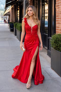 Red One-Shoulder 3D Floral Lace Pleated Long Gown with Slit