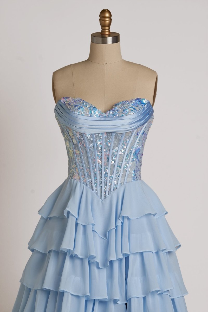 Sky Blue Sweetheart A Line Chiffon Ruffled Long Formal Prom Dresses With Sequins