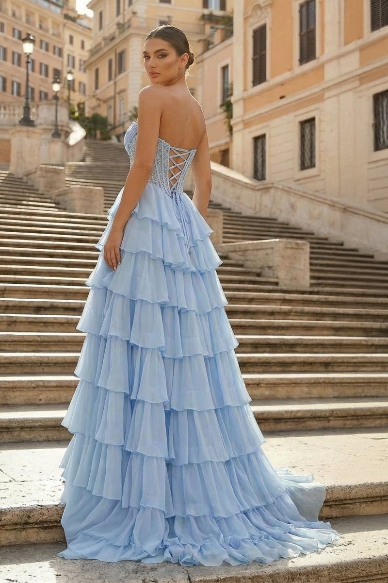 Sky Blue Sweetheart A Line Chiffon Ruffled Long Formal Prom Dresses With Sequins
