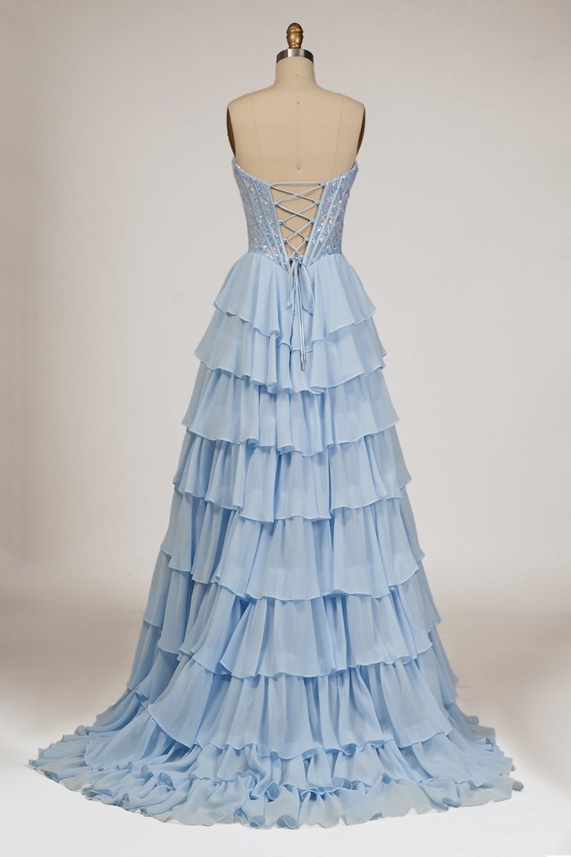 Sky Blue Sweetheart A Line Chiffon Ruffled Long Formal Prom Dresses With Sequins