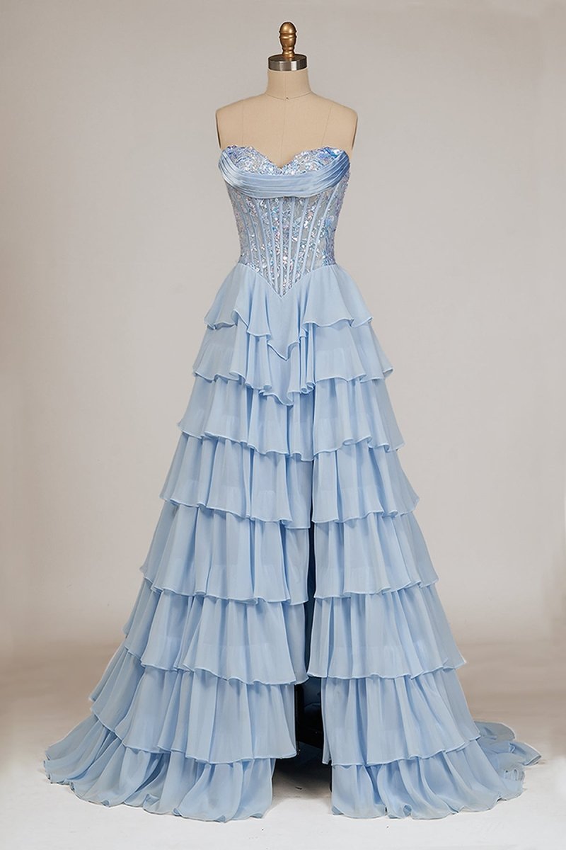 Sky Blue Sweetheart A Line Chiffon Ruffled Long Formal Prom Dresses With Sequins